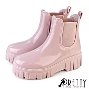 【Pretty】女 雨靴 雨鞋 防水靴 防水鞋 切爾西 短筒 厚底 EU36 粉紅色