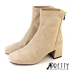 【Pretty】女 短靴 貼腿靴 方頭 仿麂皮 拉鍊 粗跟 高跟 JP23 米色