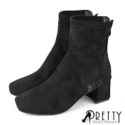 【Pretty】女 短靴 貼腿靴 方頭 仿麂皮 拉鍊 粗跟 高跟 JP24.5 黑色