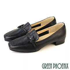 【GREEN PHOENIX】女 樂福鞋 包鞋 跟鞋 低跟 粗跟 花 全真皮 方頭 台灣製 US5 黑色