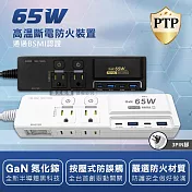 氮化鎵GaN PD65W超閃充 按壓式3開4插 3P+2P USB延長線充電器 110V專用(1.8m) 炫酷黑