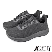 【Pretty】女 運動鞋 休閒鞋 飛線針織網布 綁帶 輕量 厚底 JP24 全黑