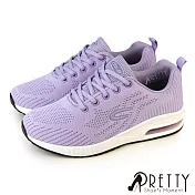 【Pretty】女 運動鞋 休閒鞋 氣墊鞋 飛線針織網布 綁帶 輕量 彈力 厚底 JP25.5 紫色
