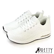 【Pretty】女 運動鞋 休閒鞋 氣墊鞋 飛線針織網布 綁帶 輕量 彈力 厚底 JP25.5 白色