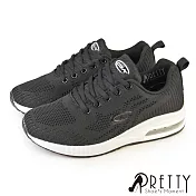 【Pretty】女 運動鞋 休閒鞋 氣墊鞋 飛線針織網布 綁帶 輕量 彈力 厚底 JP25.5 黑色
