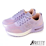 【Pretty】女 運動鞋 休閒鞋 氣墊鞋 混色 飛線針織網布 綁帶 輕量 彈力 厚底 JP23 紫色