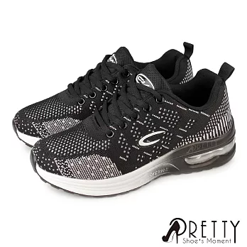 【Pretty】女 運動鞋 休閒鞋 氣墊鞋 混色 飛線針織網布 綁帶 輕量 彈力 厚底 JP23 黑色