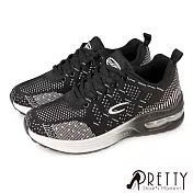 【Pretty】女 運動鞋 休閒鞋 氣墊鞋 混色 飛線針織網布 綁帶 輕量 彈力 厚底 JP24 黑色