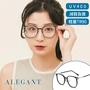 【ALEGANT】輕透時尚TR90輕量方框金屬鏡腳UV400濾藍光眼鏡 石青黑