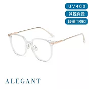 【ALEGANT】輕透時尚TR90輕量方框金屬鏡腳UV400濾藍光眼鏡 透米金