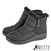 【Pretty】女 雪靴 短靴 防潑水 保暖 鋪毛 刷毛 拉鍊 輕量 小坡跟 EU38 黑色