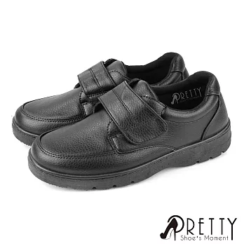 【Pretty】男 女大尺碼 學生鞋 皮鞋 商務鞋 全黑工作鞋 休閒鞋 沾黏式 台灣製 JP25.5 黑色