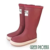【GREEN PHOENIX】女 雨靴 雨鞋 防水靴 防水鞋 大尺碼 長筒 束帶 平底 EU40 酒紅色