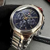 Tommy Hilfiger湯米希爾費格精品錶,編號：TH00052,46mm八角形銀精鋼錶殼寶藍色錶盤精鋼銀色錶帶