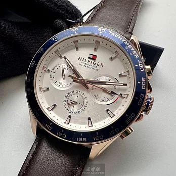 Tommy Hilfiger湯米希爾費格精品錶,編號：TH00053,46mm圓形寶藍精鋼錶殼銀白錶盤真皮皮革咖啡色錶帶