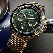 Tommy Hilfiger湯米希爾費格精品錶,編號：TH00054,44mm圓形金色精鋼錶殼墨綠色錶盤米蘭金色錶帶