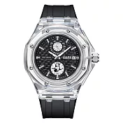 Mark fairwhale 馬克菲爾 八角邊透明錶殼特殊編織紋錶盤設計雙眼自動機械腕錶-5830 酷寒黑