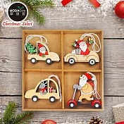摩達客耶誕-Q版小汽車車木質彩繪(單面)吊飾-聖誕老公公+麋鹿混款16入(8入*2盒裝)