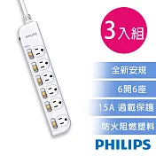 【Philips 飛利浦】6開6座延長線 1.8M 三入組-CHP3460 白色x3