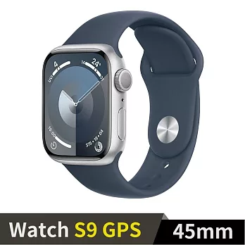 Apple Watch S9 GPS 45mm 鋁金屬錶殼搭配運動型錶帶 (銀鋁風暴藍錶帶(M/L))