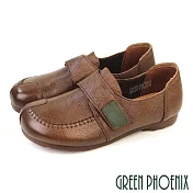 【GREEN PHOENIX】女 休閒鞋 平底鞋 包鞋 便鞋 全真皮 牛皮 沾黏 平底 JP24.5 棕色