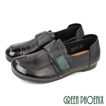 【GREEN PHOENIX】女 休閒鞋 平底鞋 包鞋 便鞋 全真皮 牛皮 沾黏 平底 JP23 黑色