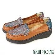 【GREEN PHOENIX】女 休閒鞋 樂福鞋 莫卡辛 包鞋 便鞋 全真皮 足弓鞋墊 厚底 EU35 棕色