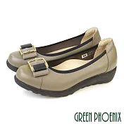 【GREEN PHOENIX】女 包鞋 娃娃鞋 便鞋 厚底 楔型 小坡跟 全真皮 OL 面試 通勤 台灣製 JP24 灰色70