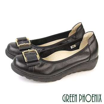 【GREEN PHOENIX】女 包鞋 娃娃鞋 便鞋 厚底 楔型 小坡跟 全真皮 OL 面試 通勤 台灣製 JP22 黑色66