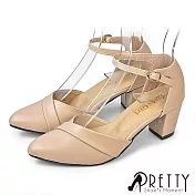 【Pretty】女 跟鞋 包鞋 尖頭 側空 繞踝 金屬釦 高跟 台灣製 JP24 米色