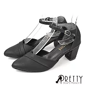 【Pretty】女 跟鞋 包鞋 尖頭 側空 繞踝 金屬釦 高跟 台灣製 JP23 黑色