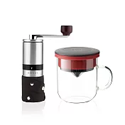 【PO:Selected】丹麥手沖咖啡二件組(不鏽鋼磨芯咖啡磨/玻璃杯350ml-共4色) 黑紅
