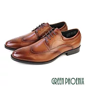 【GREEN PHOENIX】男 皮鞋 紳士鞋 德比鞋 商務鞋 全真皮 綁帶 雕花 EU41 棕色