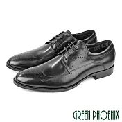 【GREEN PHOENIX】男 皮鞋 紳士鞋 德比鞋 商務鞋 全真皮 綁帶 雕花 EU43 黑色