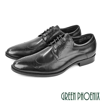 【GREEN PHOENIX】男 皮鞋 紳士鞋 德比鞋 商務鞋 全真皮 綁帶 雕花 EU45 黑色