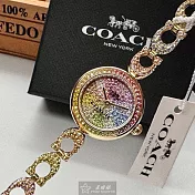 COACH蔻馳精品錶,編號：CH00186,24mm圓形金色精鋼錶殼彩虹滿天星錶盤精鋼彩虹錶帶