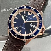 ARMANI阿曼尼精品錶,編號：AR00047,42mm玫瑰金精鋼錶殼寶藍色錶盤真皮皮革咖啡色錶帶