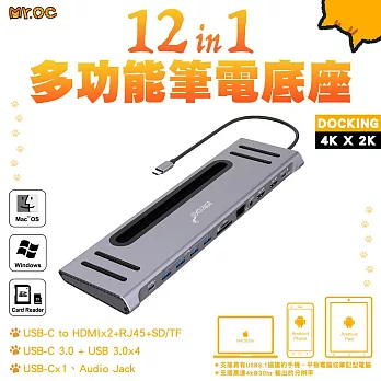 Mr.OC橘貓先生 12合1多功能筆電底座 Type-C轉HDMI/TF/SD/RJ45/USB 3.0 (9199)  灰