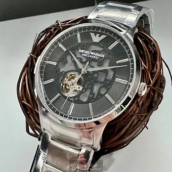 ARMANI阿曼尼精品錶,編號：AR00054,44mm圓形銀精鋼錶殼黑色錶盤精鋼銀色錶帶
