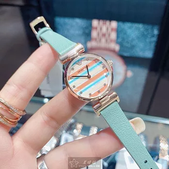 ARMANI阿曼尼精品錶,編號：AR00059,28mm圓形玫瑰金精鋼錶殼幾何立體圖形錶盤真皮皮革多色錶帶