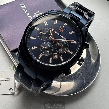 MASERATI瑪莎拉蒂精品錶,編號：R8873626003,42mm圓形寶藍精鋼錶殼寶藍色錶盤精鋼寶藍錶帶