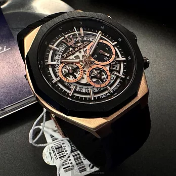 MASERATI瑪莎拉蒂精品錶,編號：R8871642003,46mm十邊形玫瑰金精鋼錶殼機械鏤空錶盤矽膠深黑色錶帶