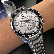 MASERATI瑪莎拉蒂精品錶,編號：R8873612049,46mm圓形黑精鋼錶殼白色錶盤精鋼銀色錶帶