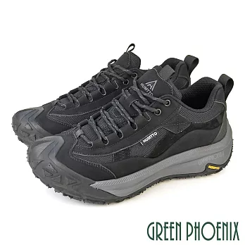 【GREEN PHOENIX】男 登山鞋 休閒鞋 運動鞋 防潑水 抓地力 輕量 吸震減壓 透氣 真皮 綁帶 EU39 黑色