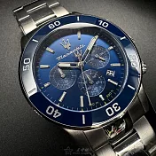 MASERATI瑪莎拉蒂精品錶,編號：R8873600002,44mm圓形寶藍精鋼錶殼寶藍色錶盤精鋼銀色錶帶