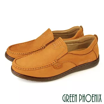 【GREEN PHOENIX】男 休閒鞋 休閒皮鞋 樂福鞋 便鞋 全真皮 油蠟牛皮 商務 EU40 棕色