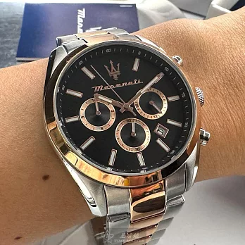 MASERATI瑪莎拉蒂精品錶,編號：R8853151002,42mm圓形玫瑰金精鋼錶殼黑色錶盤精鋼金銀相間錶帶