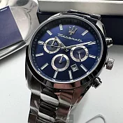 MASERATI瑪莎拉蒂精品錶,編號：R8853151005,42mm圓形銀精鋼錶殼寶藍色錶盤精鋼銀色錶帶
