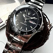 MASERATI瑪莎拉蒂精品錶,編號：R8823100002,44mm圓形黑精鋼錶殼黑色錶盤精鋼銀色錶帶