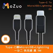 【魔宙】一分二 Type-C轉MicroUSB+Lightning 快充線 黑 1M